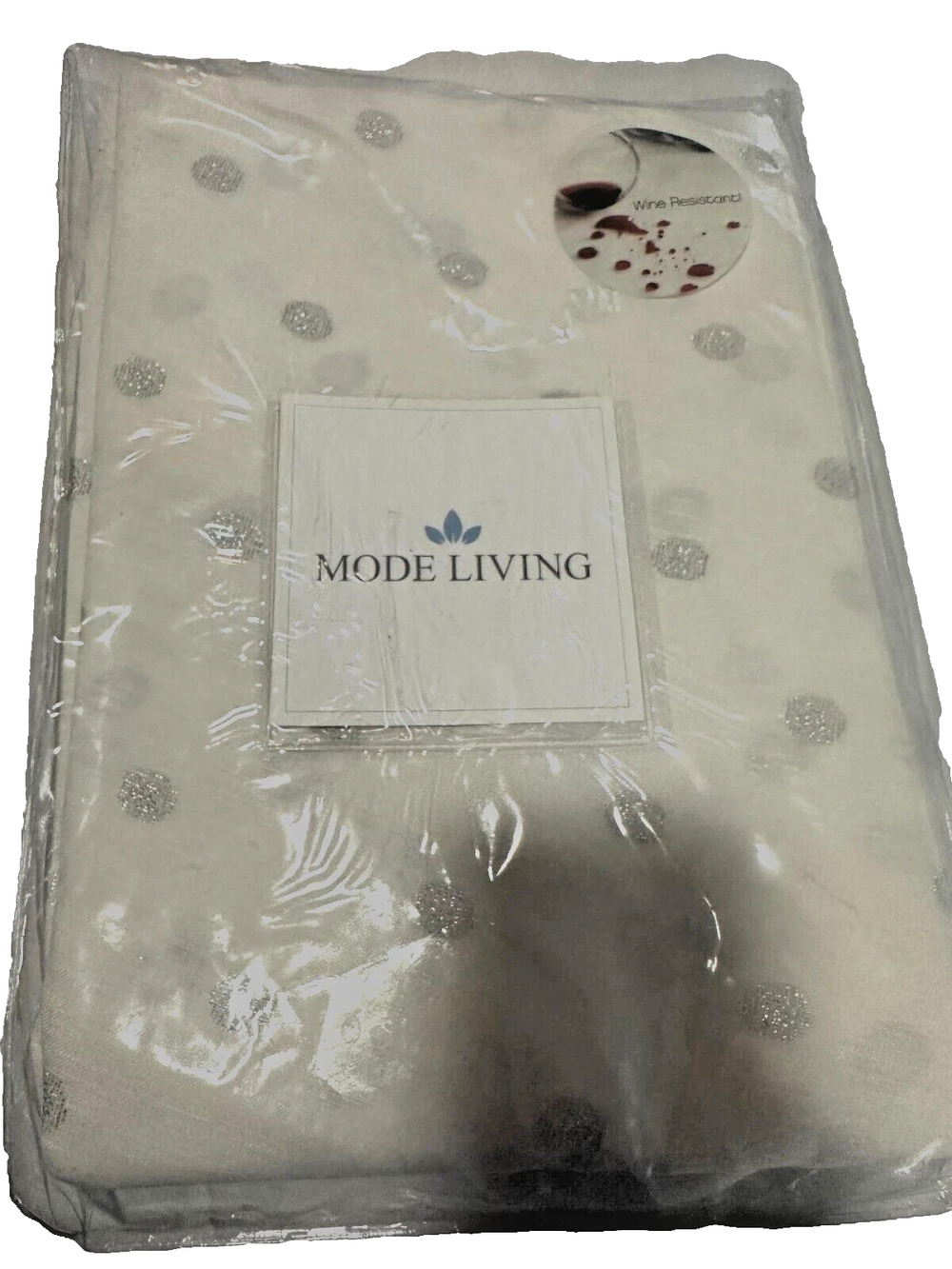 Mode Living Vogue Round Tablecloth 70" White Silver Polka Dot Wine Resistant NWT